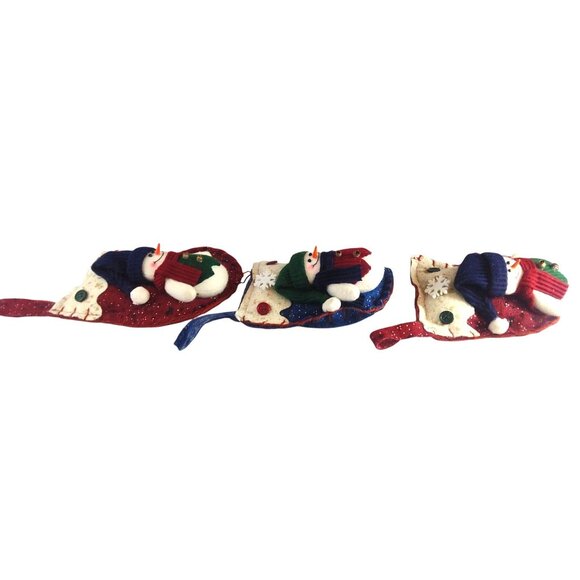 (3) Rustic Snowman Christmas Stocking Ornaments With Dot Accents - Red & Blue - Picture 3 of 8